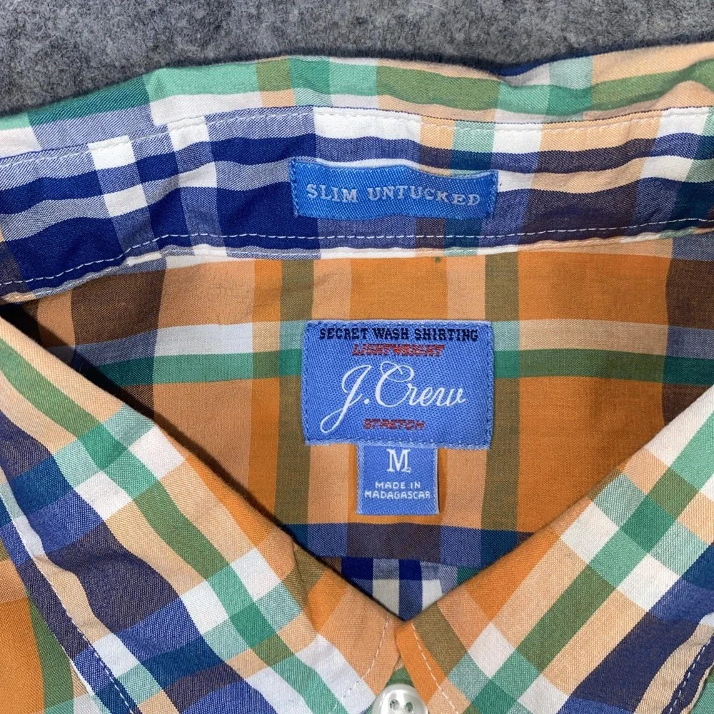 J. Crew Button Up‎ Shirt Men's Blue & Orange Plaid Slim Untucked Stretch Cotton
